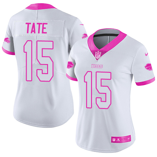 Women's Limited Brandon Tate Nike Jersey White/Pink - #15 Rush Fashion NFL Buffalo Bills
